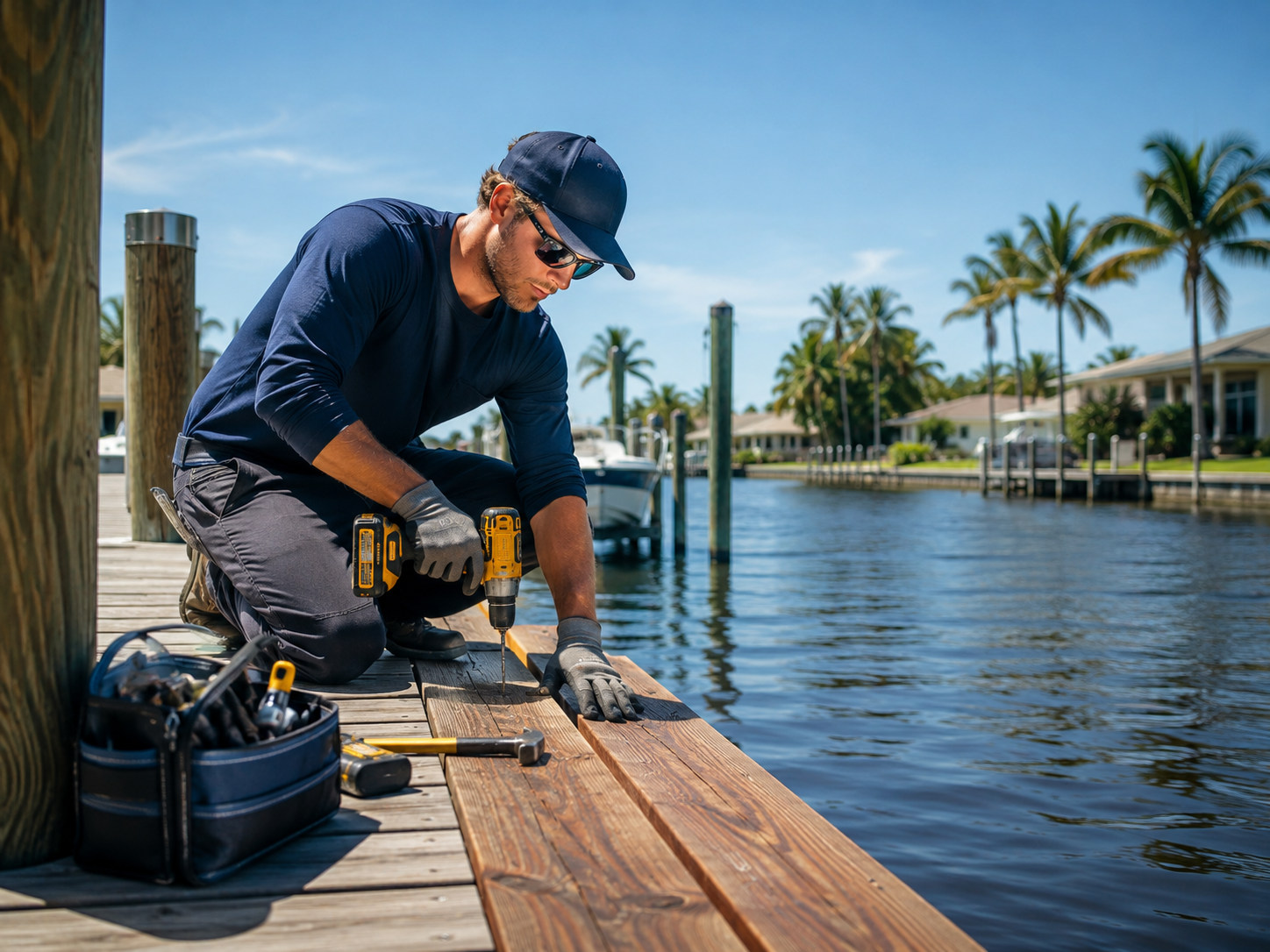 Worker repairing a residential dock in Florida