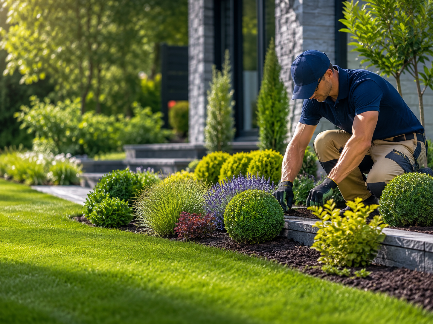 Landscaper improving a front-yard garden bed