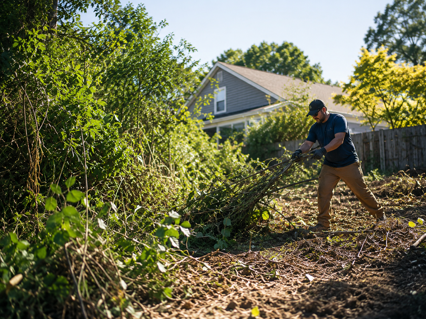 Worker clearing brush from an overgrown backyard